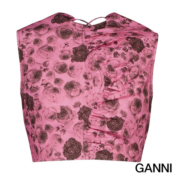 GANNI **NWT** Asymmetrical Ruched Lace-Up Top in Pink Rose Print - Picture 12 of 16